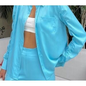 Lauravanessa_w x The Drop Turquoise Ruched Sleeve Button Down Shirt Small NWT